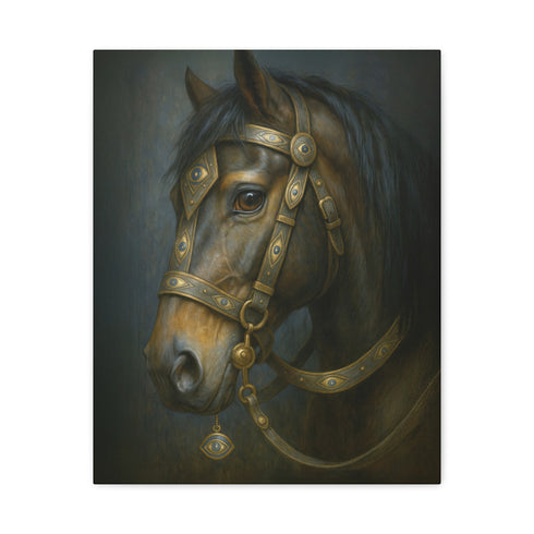 A rectangular, vertical matte canvas print depicting a classical, painterly portrait of a horse's head in profile. The horse is a deep, dark brown with a flowing black mane. It is adorned with an ornate and intricate bridle made of dark leather and burnished gold metal plates, featuring detailed scrollwork. A small, eye-shaped charm with a blue center dangles from the bridle near the horse's cheek. The lighting is dramatic chiaroscuro, with a soft light illuminating the horse's face.